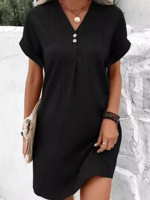 White Full Size Casual V-neck Short Sleeve Dress