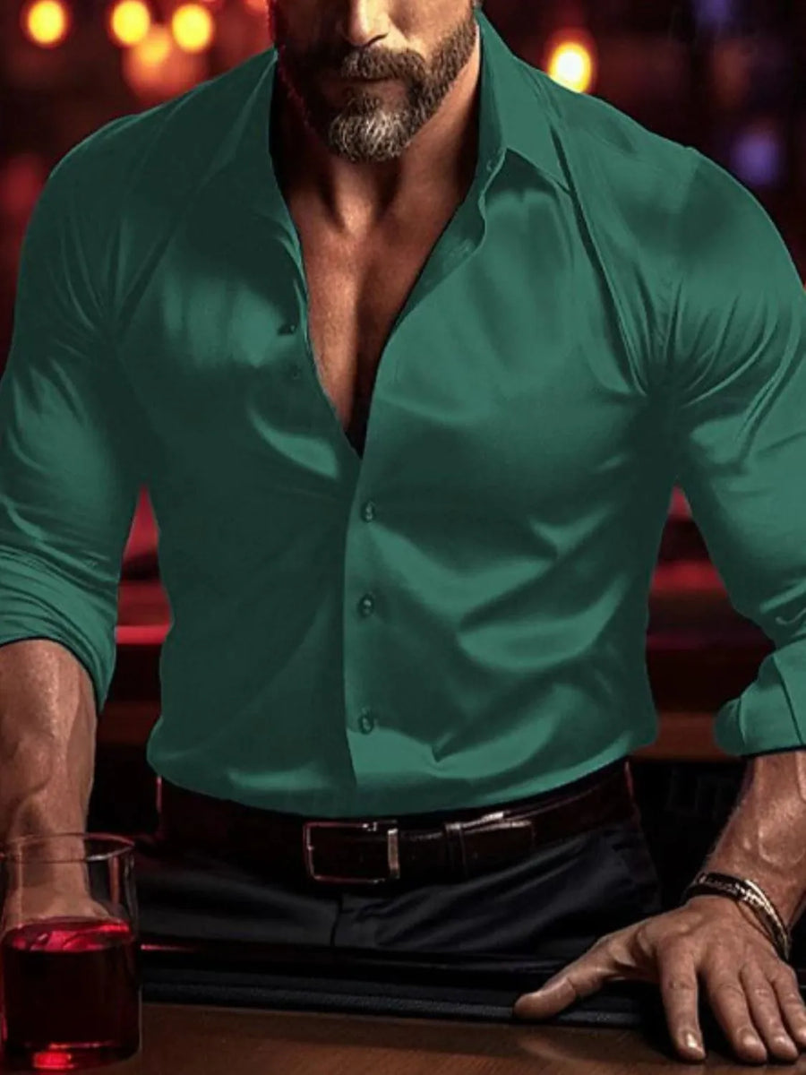 Dark green satin shirt with a sculpted fit, button-down collar, and long sleeves.