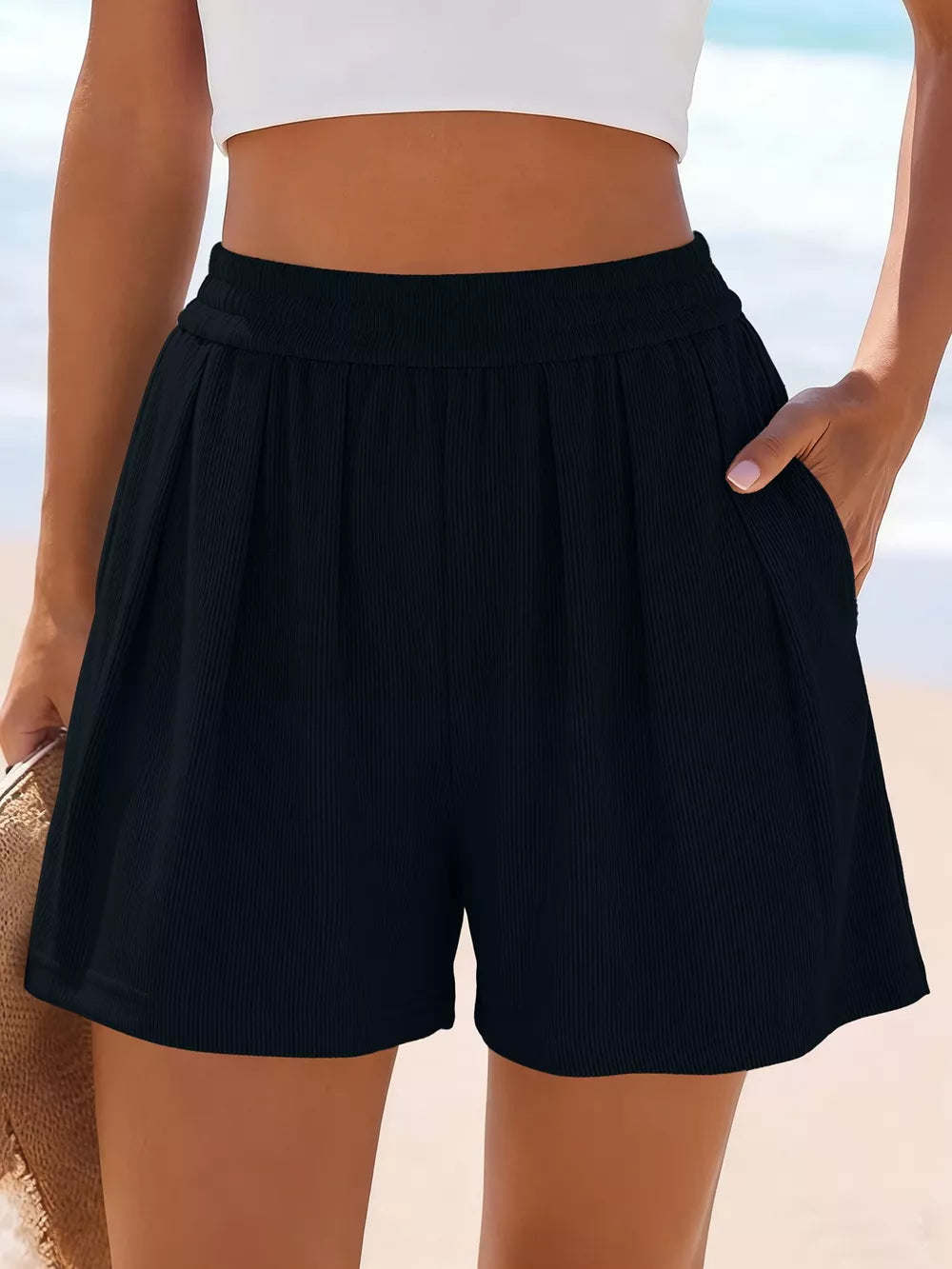 Black with High-waisted Ribbed Shorts