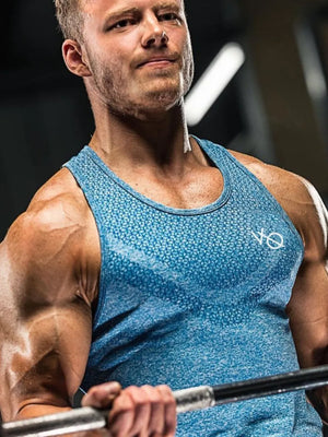 Sky blue performance knit active tank top with allover geometric pattern and crew neck.