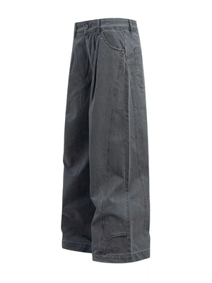 Grey cotton sweatpants with wide legs, button closure, and belt loops.