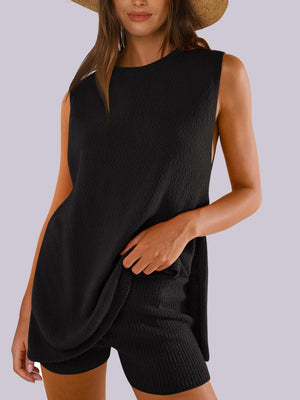 Textured knit tank and short set in Dark Blue with slit sides.