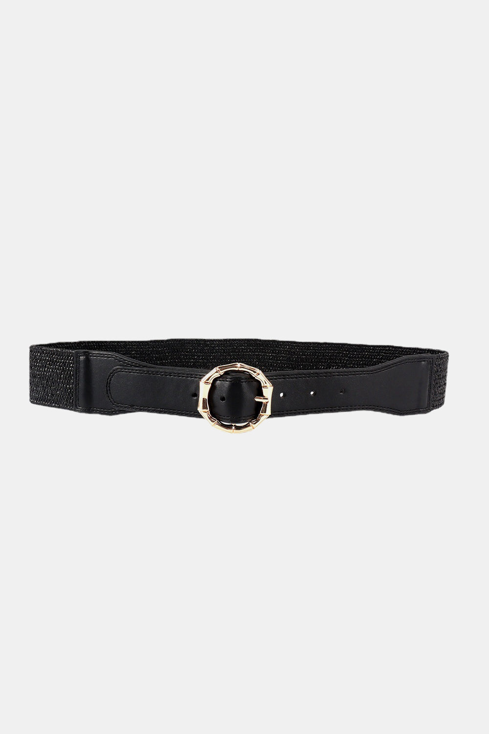 Black raffia and leather belt with gold alloy buckle