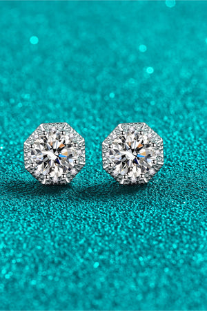Octagonal halo moissanite stud earrings in silver with sparkling accents.