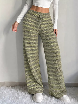 Army Green Striped Knit Wide-leg Pants