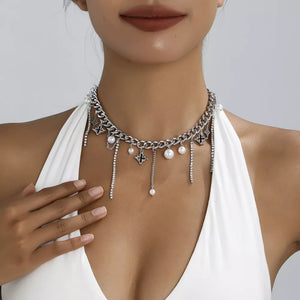 Silver with Tassel Star-moon Synthetic Pearl Pendant Choker