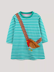 Turquoise striped cotton dress with a bird applique and decorative strap.