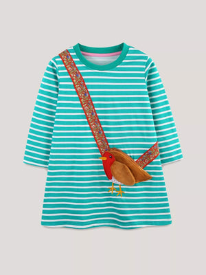 Turquoise striped cotton dress with a bird applique and decorative strap.