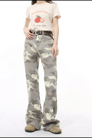 Gray camo flare jeans with utility pockets and a brown belt.