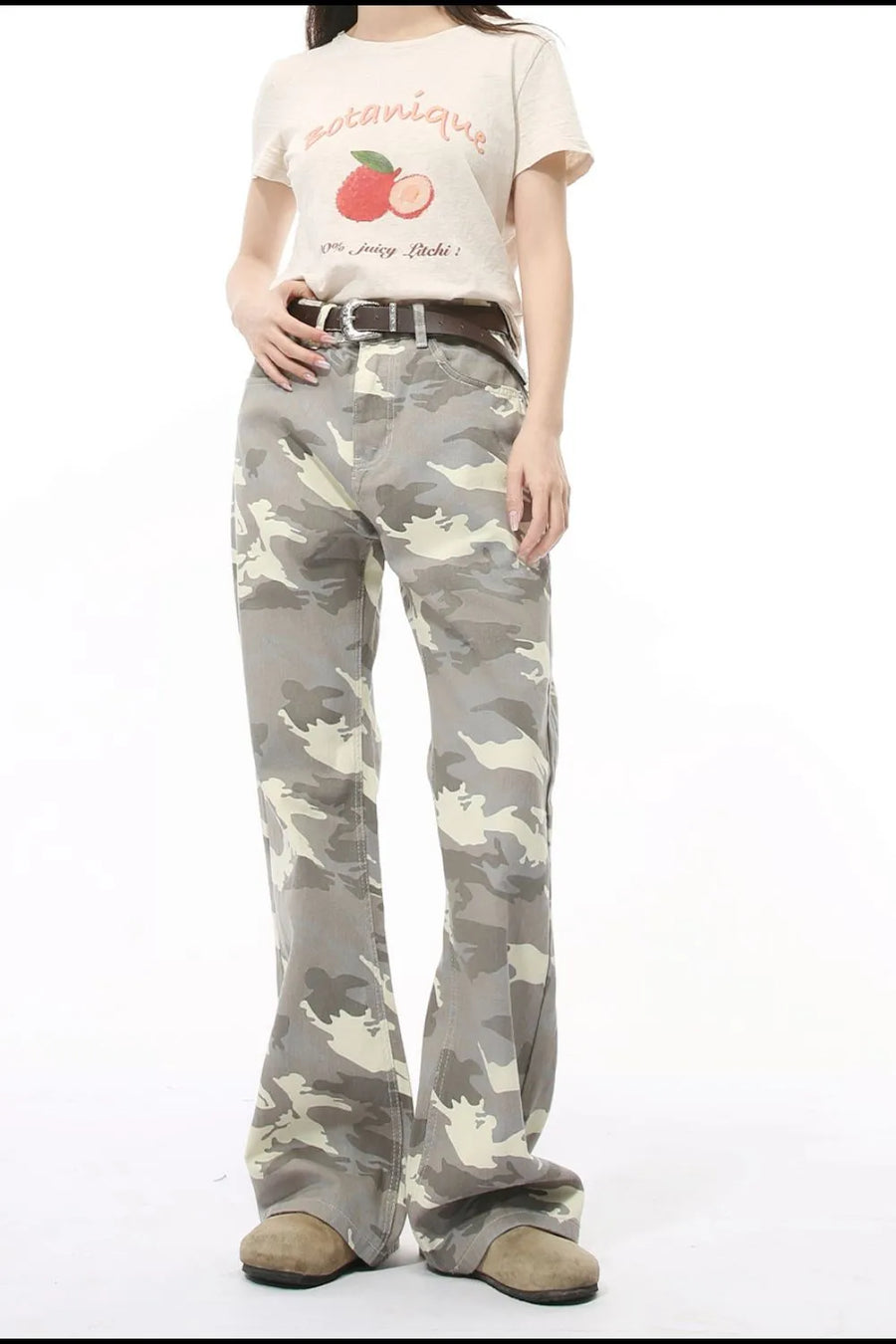 Gray camo flare jeans with utility pockets and a brown belt.