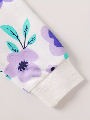 Baby floral print top sleeve detail with ribbed cuff and purple flower pattern