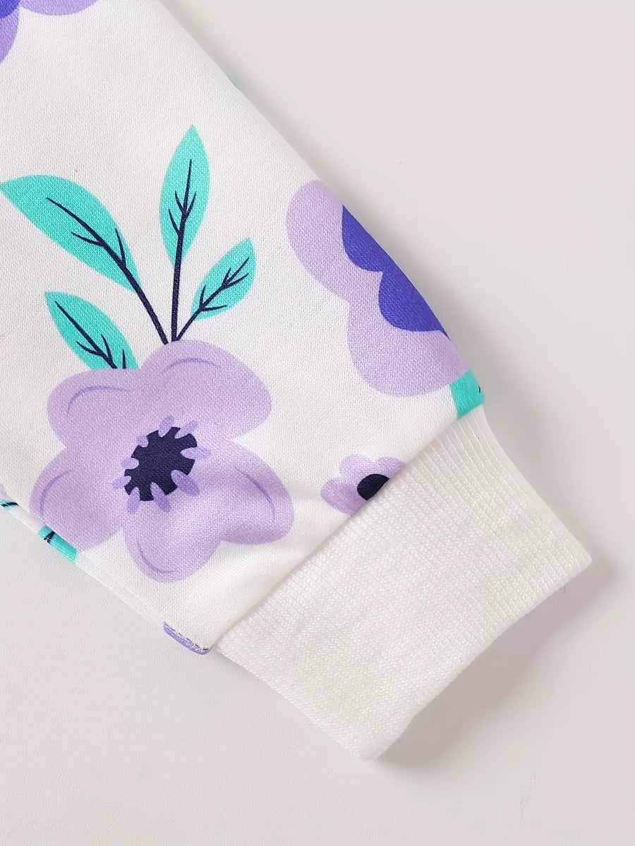 Baby floral print top sleeve detail with ribbed cuff and purple flower pattern