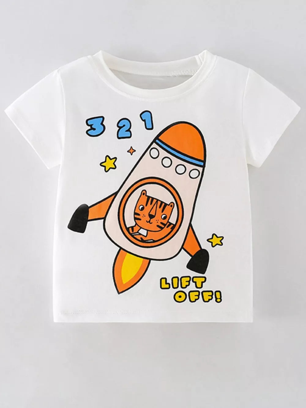 White cotton crew neck t-shirt with rocket graphic and tiger pilot, "321 LIFT OFF!" text.