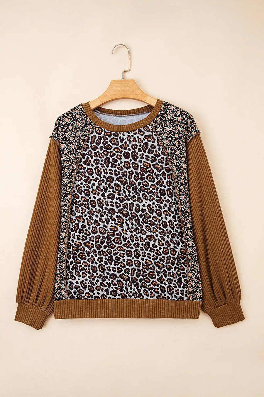 Leopard Floral Print Ribbed Puff Sleeve Sweatshirt option 5