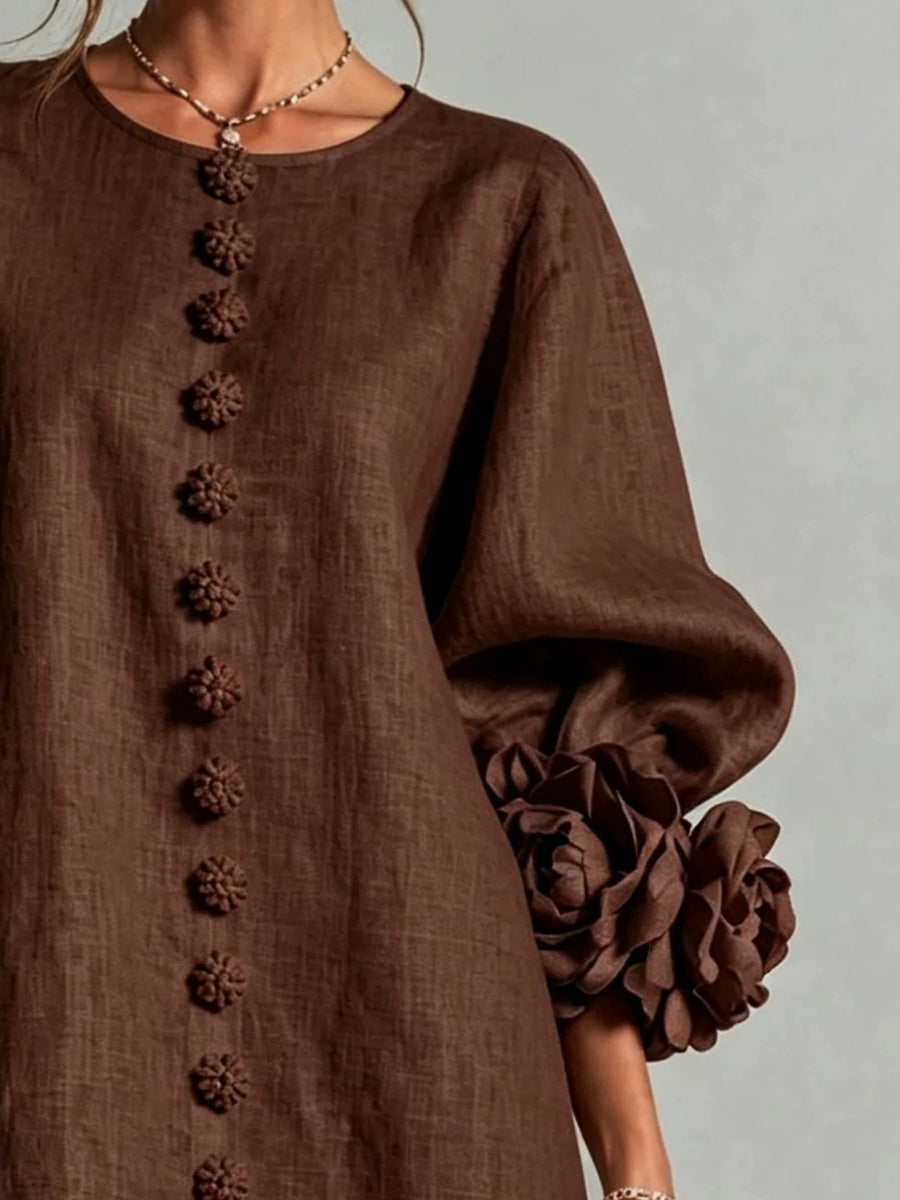 Brown A-line mini dress with round neck
