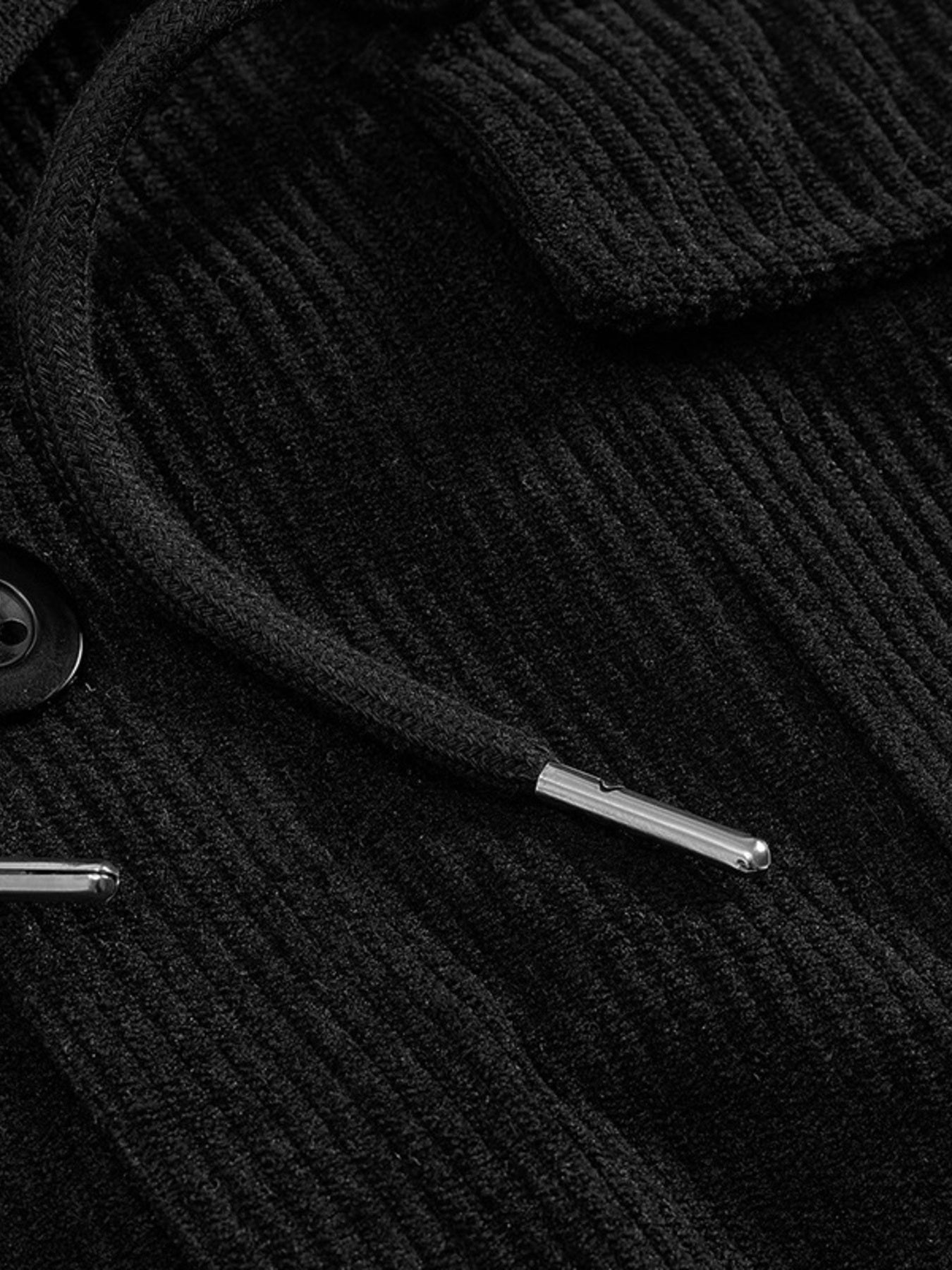 Black ribbed knit hoodie with drawstring and metal aglets