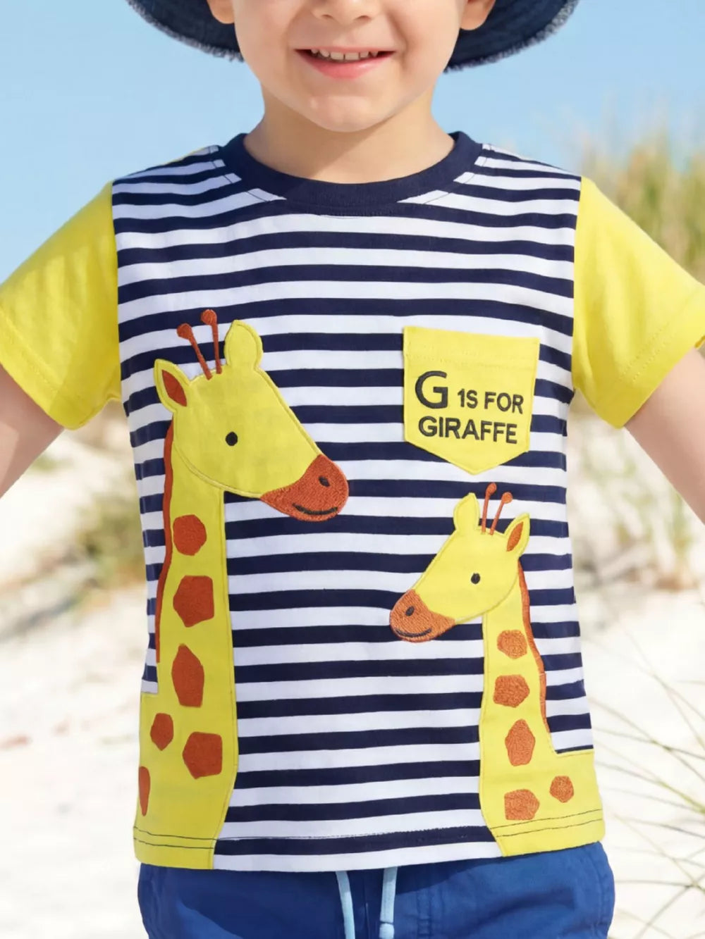 Children's Giraffe Embroidered Striped T-shirt