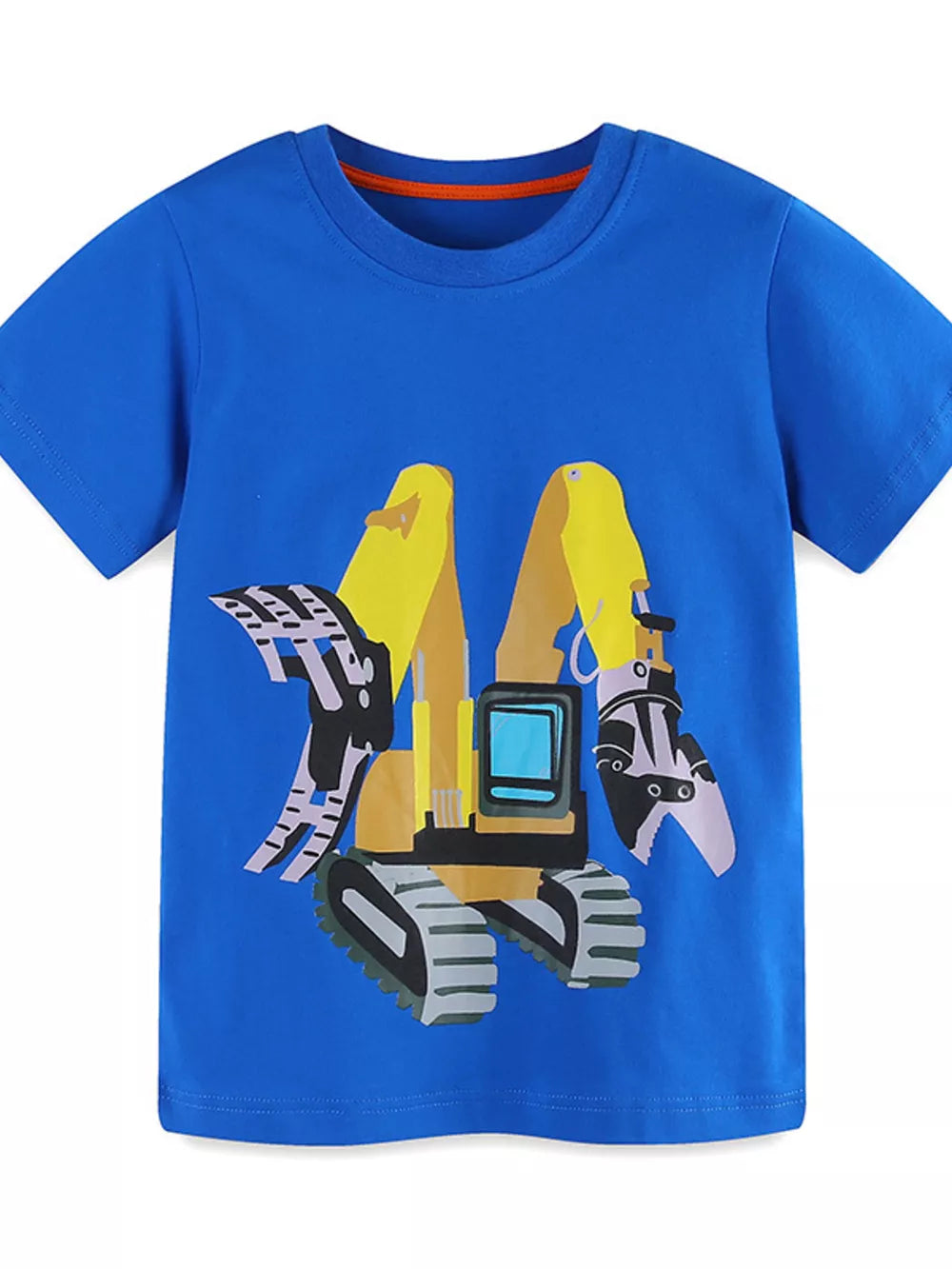 Blue short sleeve t-shirt with yellow excavator graphic and orange trim