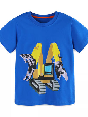 Blue short sleeve t-shirt with yellow excavator graphic and orange trim