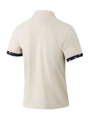 Beige waffle textured short sleeve polo shirt with star print cuffs