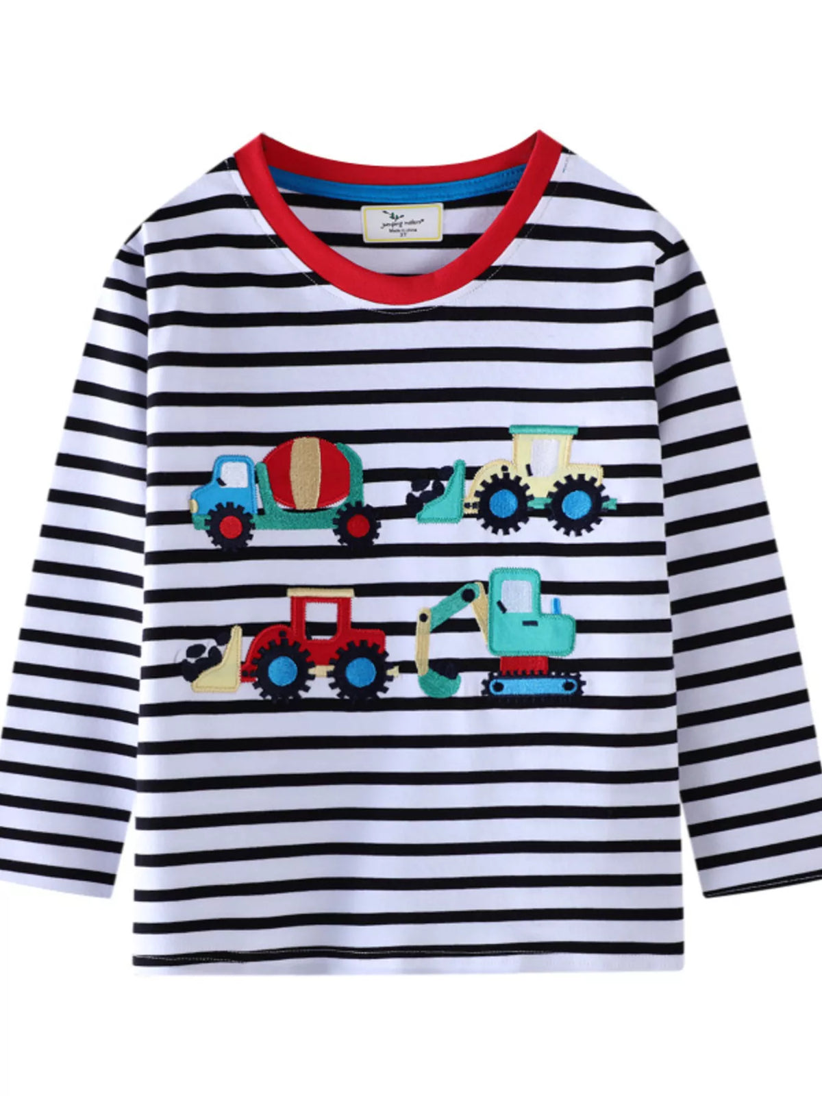 Black and white striped long sleeve tee with construction vehicle applique design and red trim neckline.