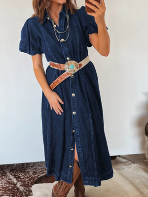 Button-down midi denim dress with puff sleeves and a western-style belt.