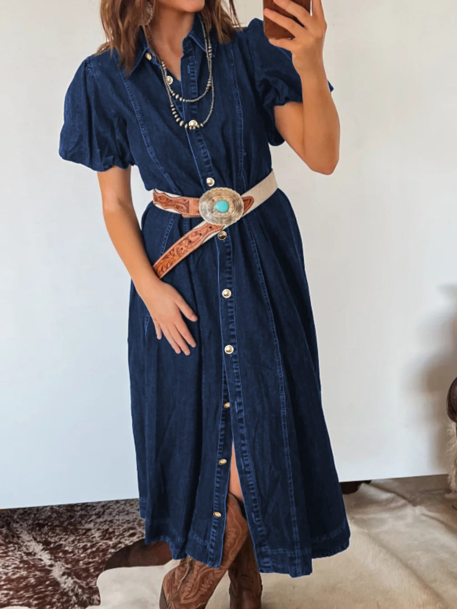 Button-down midi denim dress with puff sleeves and a western-style belt.