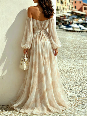 Off-Shoulder Balloon Sleeves Maxi Dress in Gray with off-shoulder