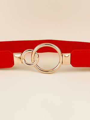 Red elastic belt with gold interlocked rings and buckle detail
