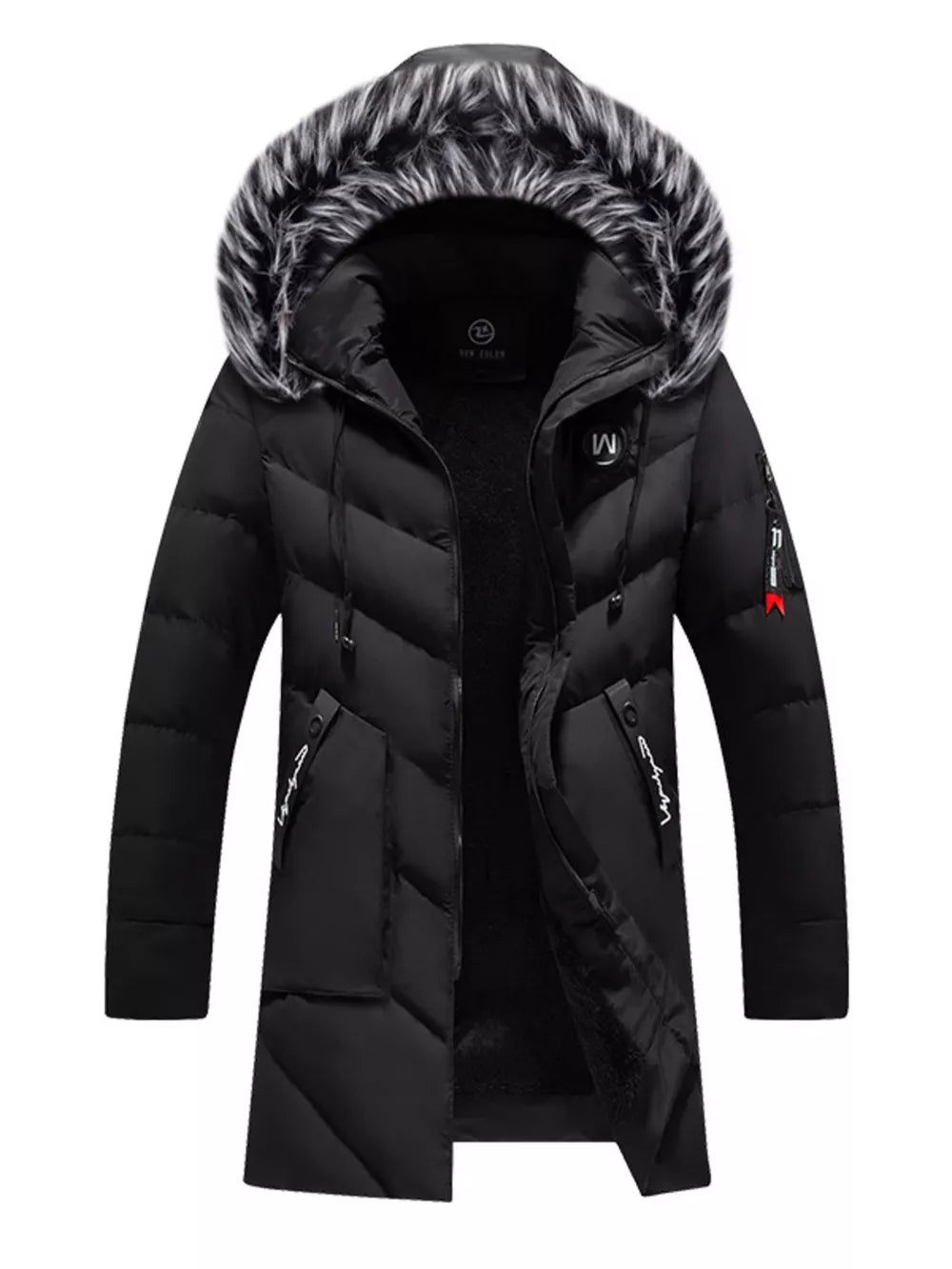 Men's black longline padded puffer jacket with faux fur hood and zip pockets.