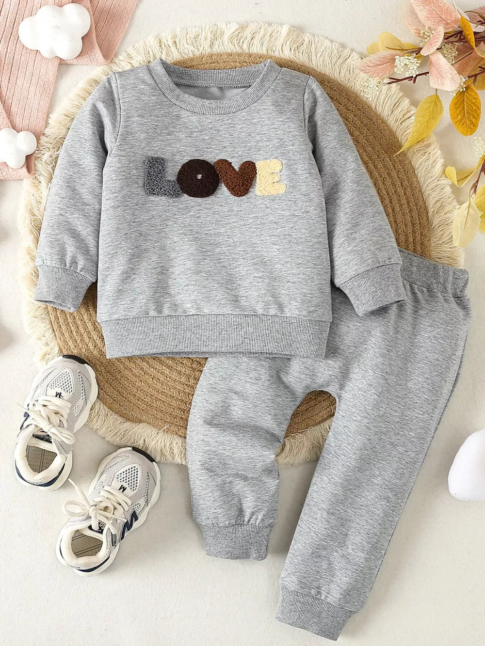 Gray Children's Letter Round Neck Top And Pants Set