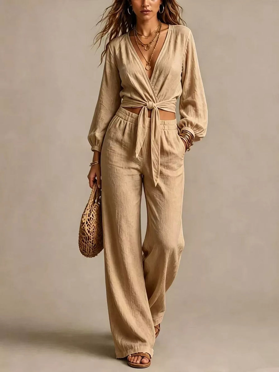 cream Two-Piece Set with pocketed and bishop sleeve
