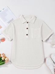 White waffle knit button-up shirt with short sleeves and chest pocket