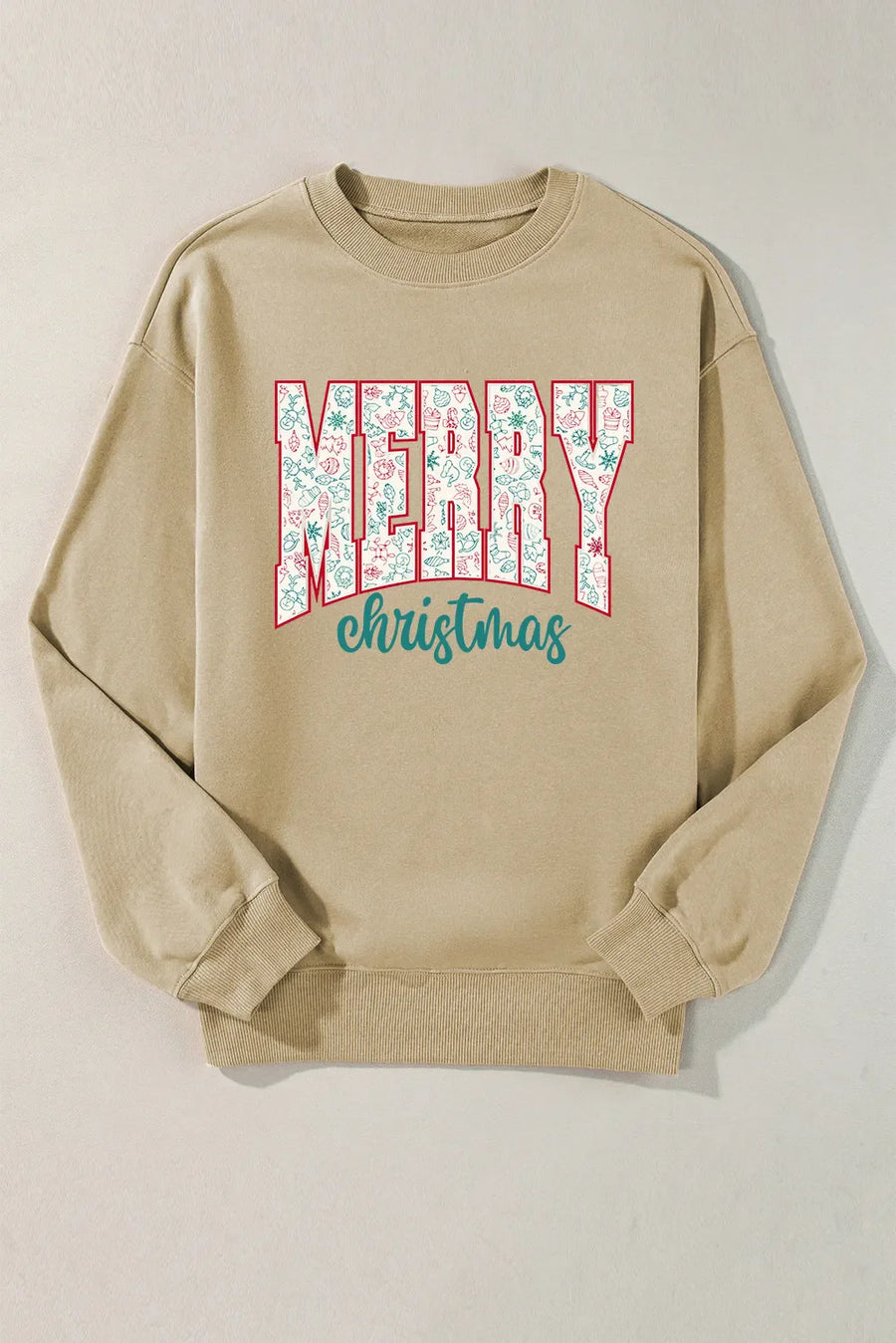 Khaki long sleeve sweatshirt with "MERRY christmas" graphic featuring festive icons.