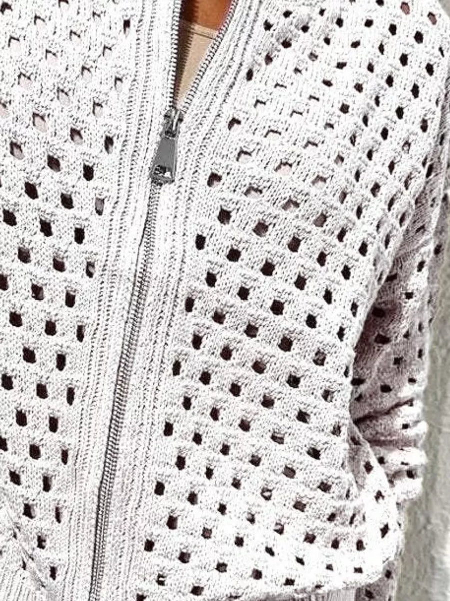 Full Size Crochet Knit Zip-up Cardigan Plus Size in Light Gray with zipper