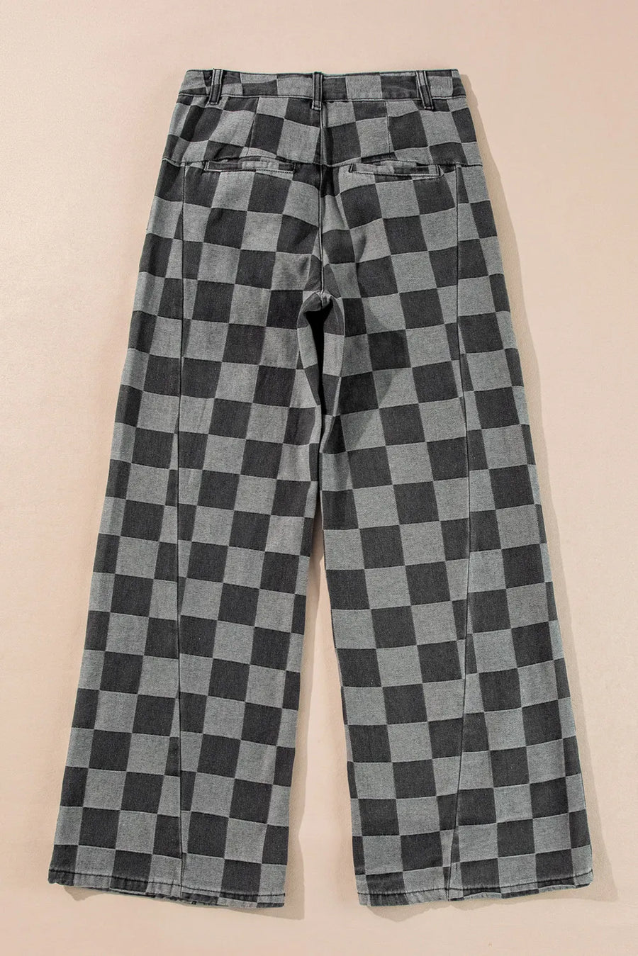 Checkerboard denim wide leg trousers in dark gray with a relaxed fit and split hem.