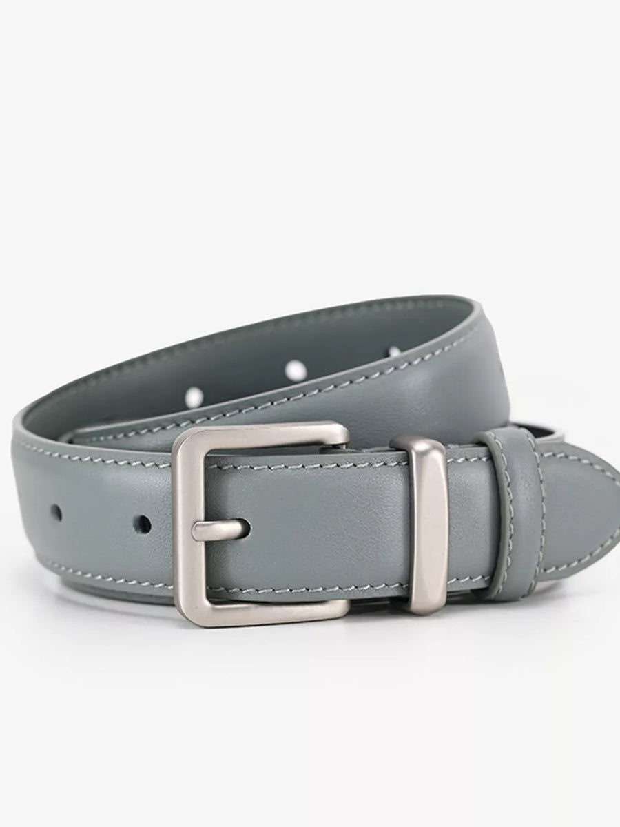 Grey leather belt with silver buckle and contrast stitching