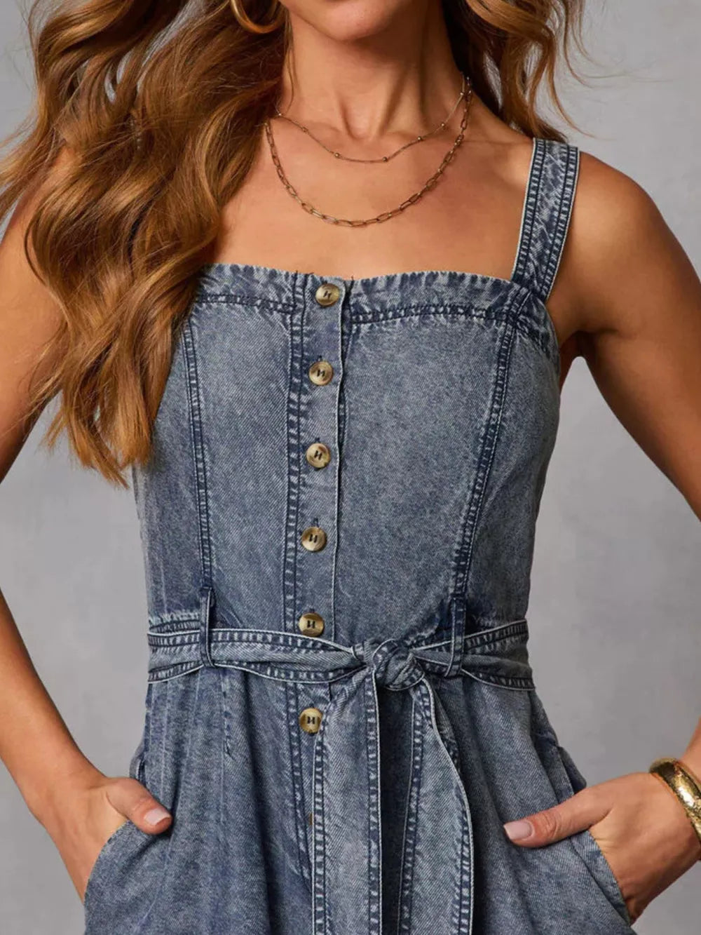 95%cotton, 5%spandex Care instructions: Machine wash cold jumpsuit in Dark Blue with wide-leg silhouette