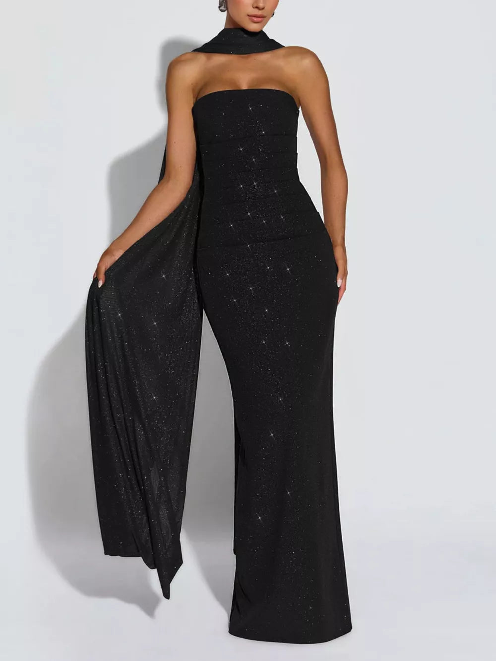 maxi dress in black featuring glitter and fitted fit
