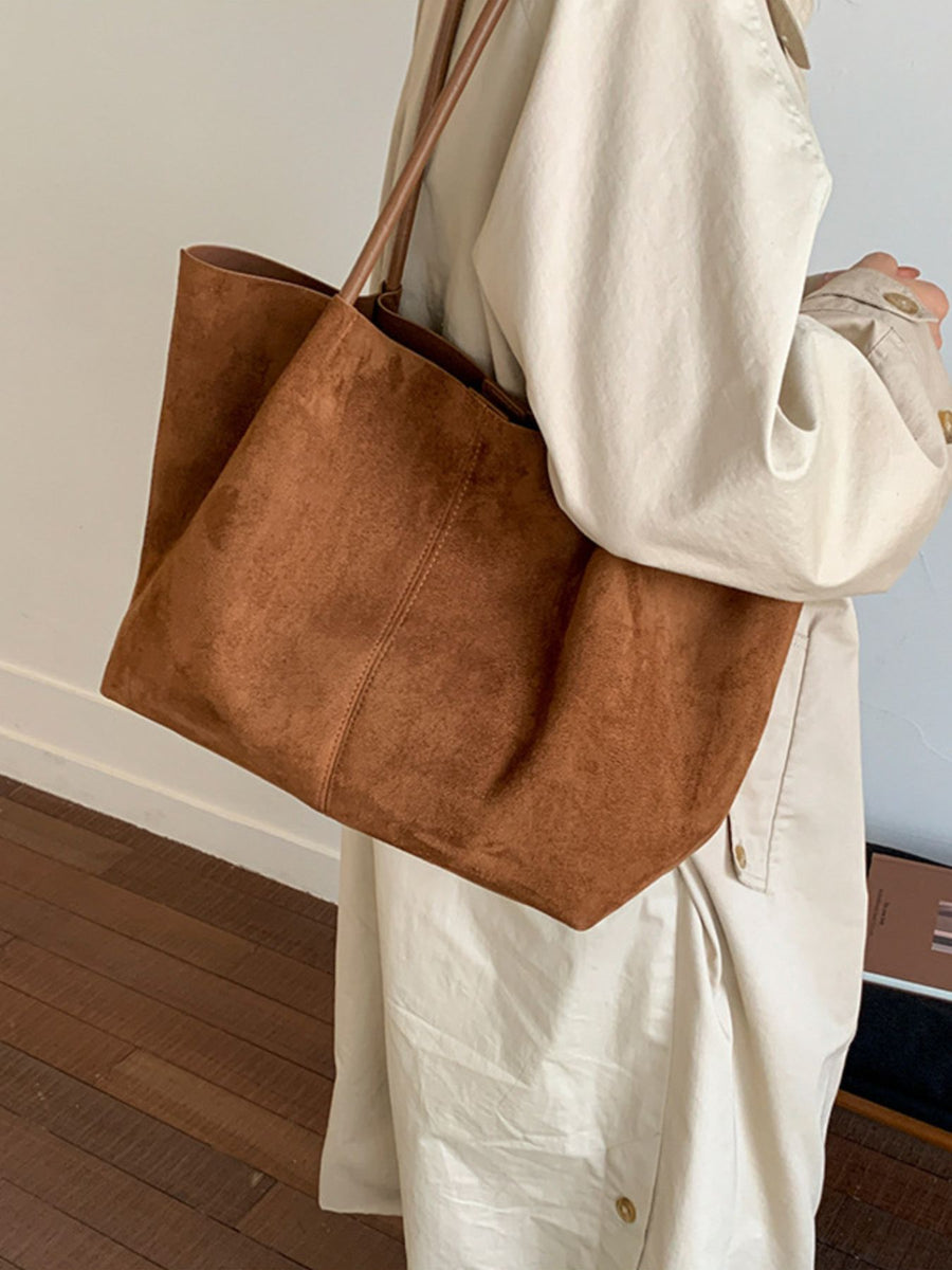 Suede Imported Size &amp tote in camel brown with relaxed silhouette