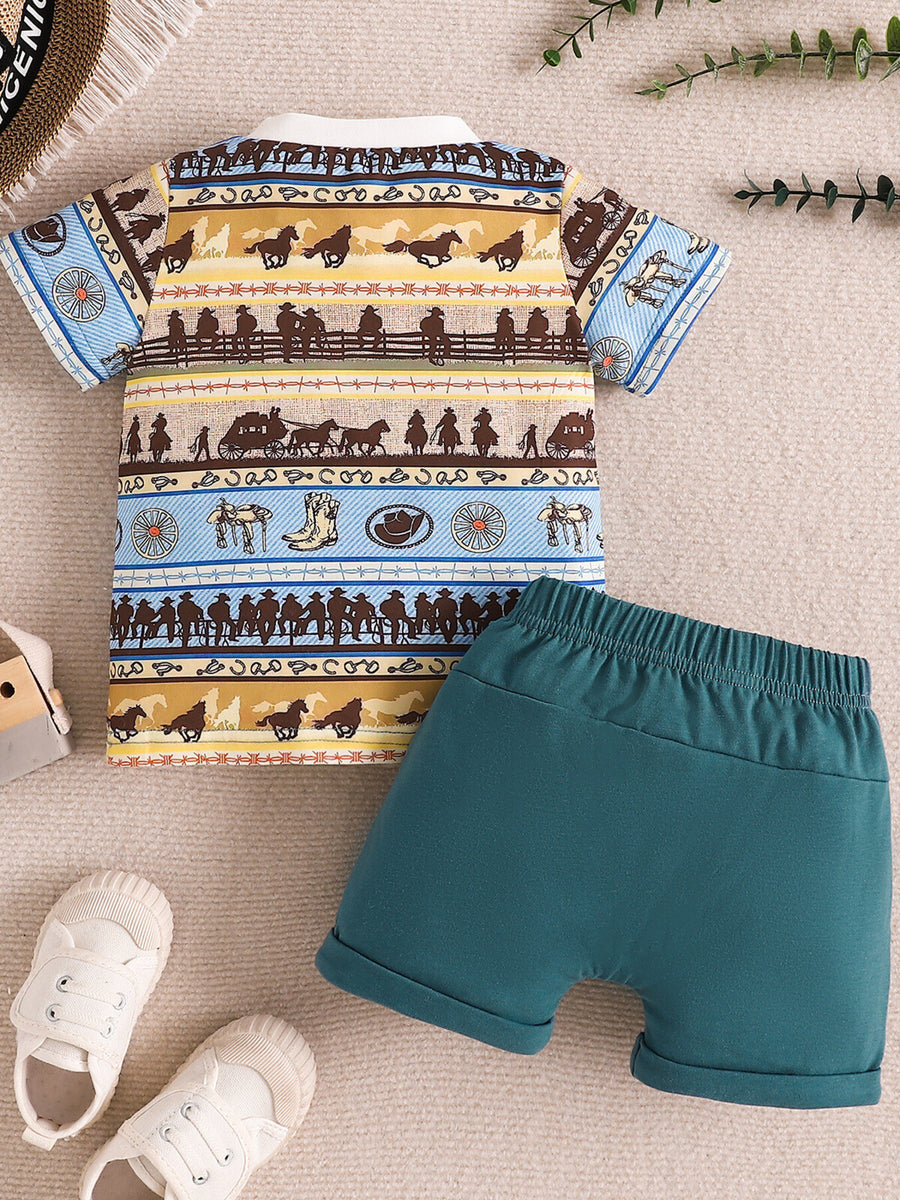Children's western print tee and teal shorts set with horses, cowboys, and wagons.