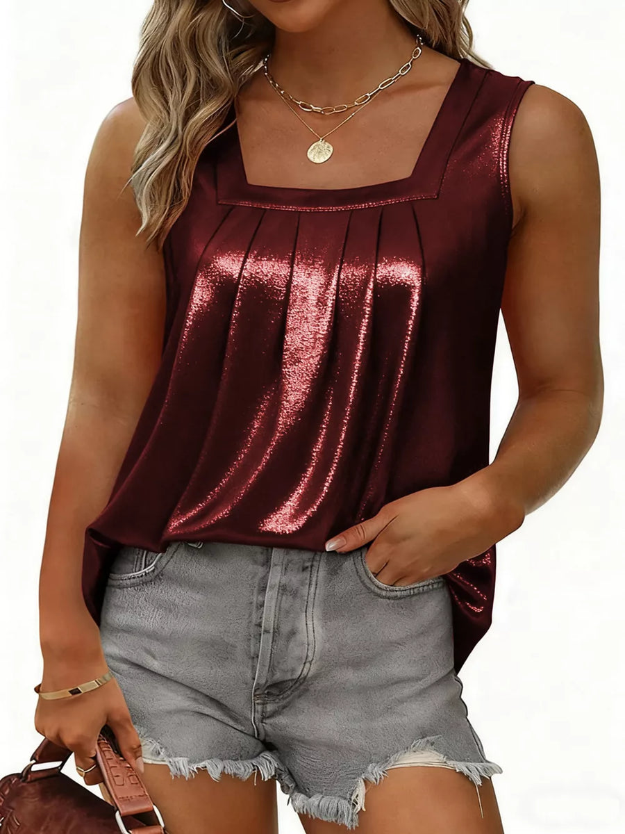 Wine red square neck tank top with pleats and metallic sheen.