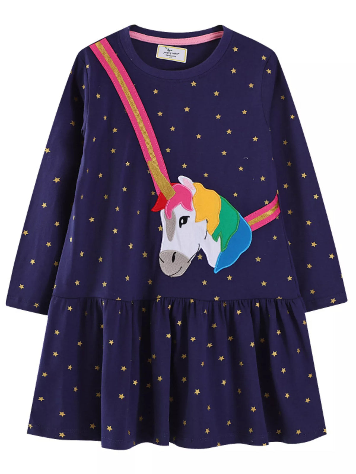 Dark navy cotton blend dress with gold stars and a rainbow unicorn applique.