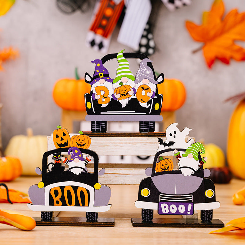 Halloween gnome car tableau set with pumpkins and ghosts, multicolor wooden decor