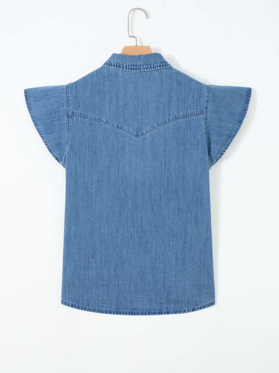 Denim button-up shirt with ruffled short sleeves and western yoke detail.