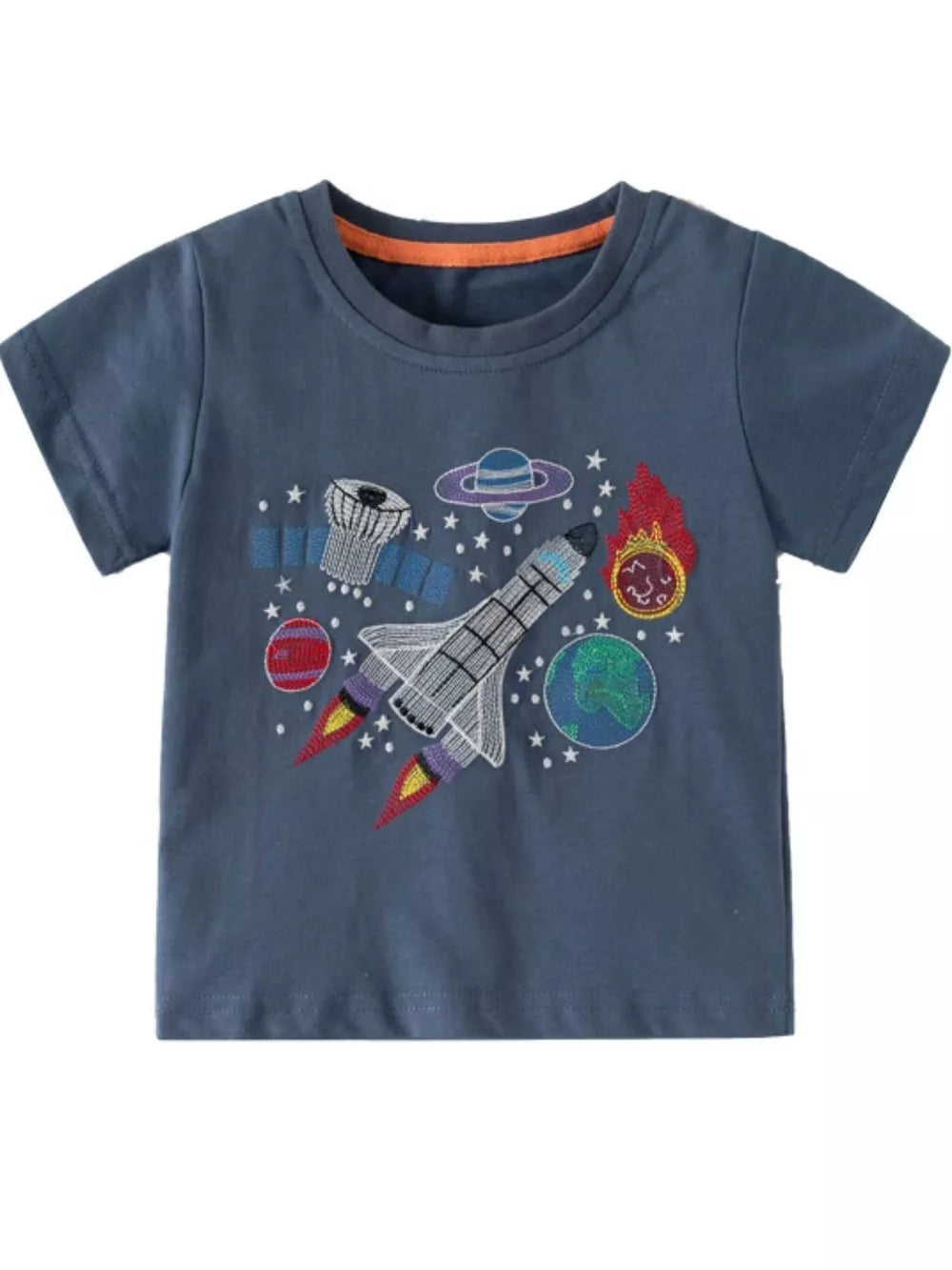 Toddler blue cotton t-shirt with embroidered rocket, planets, and stars graphic.