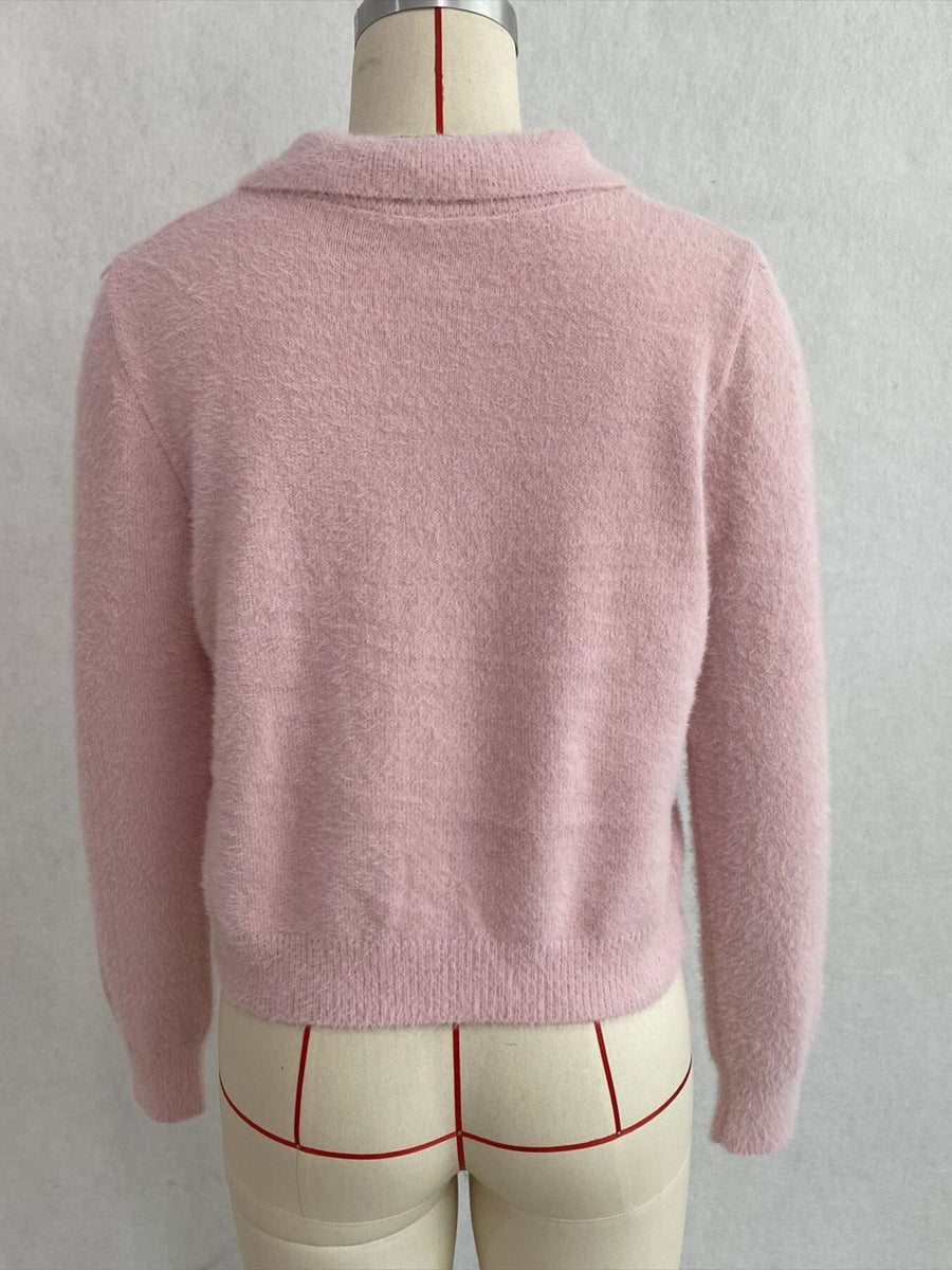 Fuzzy Letter Zip-Up Cardigan in Pink with zipper