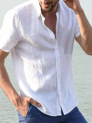 White linen resort shirt, relaxed fit, short sleeves, open collar, button front
