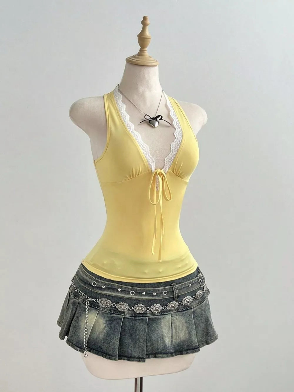 Yellow Lace Detail Halter Neck Cami