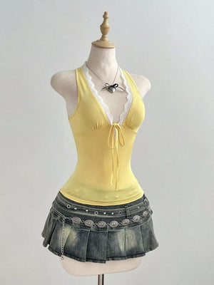 Yellow Lace Detail Halter Neck Cami